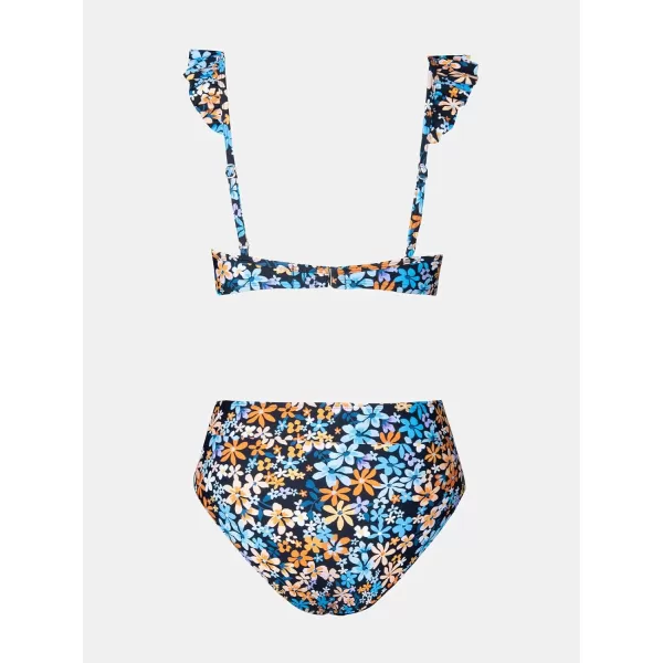 imageCUPSHE Women Bikini Sets 2 Piece Swimsuit High Waisted Bottom Floral Print Ruffle V Neck Bathing SuitsOrange Blue Floral