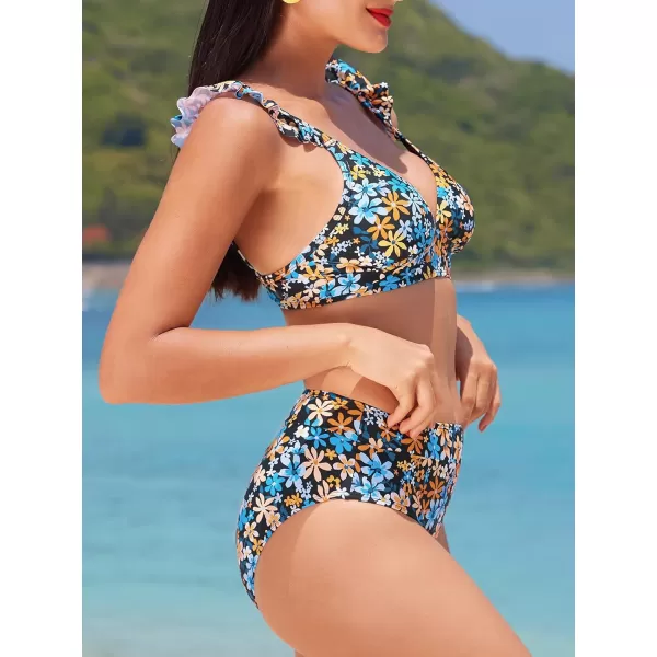 imageCUPSHE Women Bikini Sets 2 Piece Swimsuit High Waisted Bottom Floral Print Ruffle V Neck Bathing SuitsOrange Blue Floral