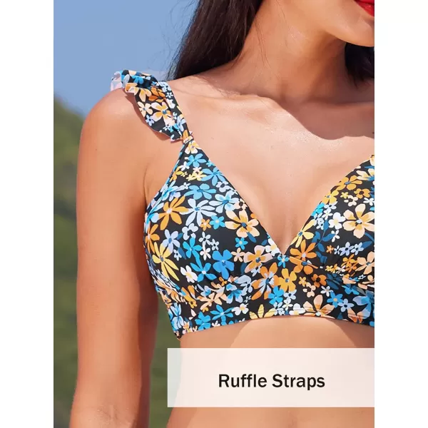 imageCUPSHE Women Bikini Sets 2 Piece Swimsuit High Waisted Bottom Floral Print Ruffle V Neck Bathing SuitsOrange Blue Floral