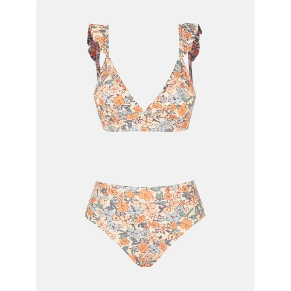 imageCUPSHE Women Bikini Sets 2 Piece Swimsuit High Waisted Bottom Floral Print Ruffle V Neck Bathing SuitsOrange Floral