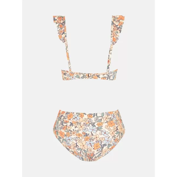 imageCUPSHE Women Bikini Sets 2 Piece Swimsuit High Waisted Bottom Floral Print Ruffle V Neck Bathing SuitsOrange Floral