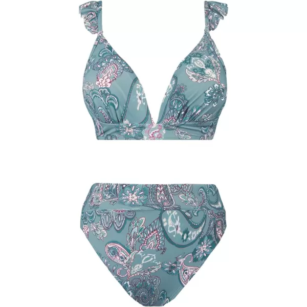 imageCUPSHE Women Bikini Sets 2 Piece Swimsuit High Waisted Bottom Floral Print Ruffle V Neck Bathing SuitsPaisley Print