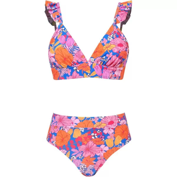 imageCUPSHE Women Bikini Sets 2 Piece Swimsuit High Waisted Bottom Floral Print Ruffle V Neck Bathing SuitsPink Floral