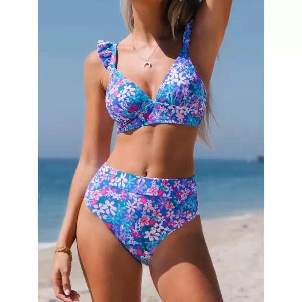 imageCUPSHE Women Bikini Sets 2 Piece Swimsuit High Waisted Bottom Floral Print Ruffle V Neck Bathing SuitsPurple