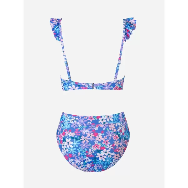 imageCUPSHE Women Bikini Sets 2 Piece Swimsuit High Waisted Bottom Floral Print Ruffle V Neck Bathing SuitsPurple
