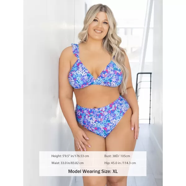 imageCUPSHE Women Bikini Sets 2 Piece Swimsuit High Waisted Bottom Floral Print Ruffle V Neck Bathing SuitsPurple