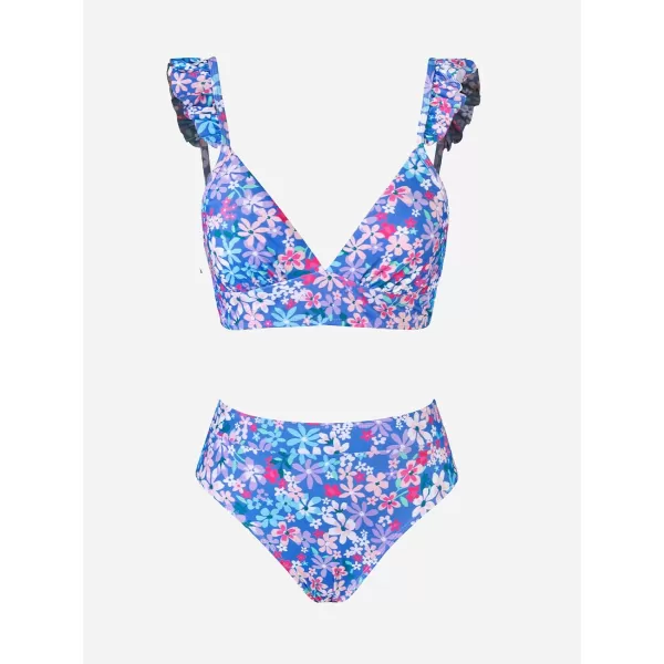 imageCUPSHE Women Bikini Sets 2 Piece Swimsuit High Waisted Bottom Floral Print Ruffle V Neck Bathing SuitsPurple