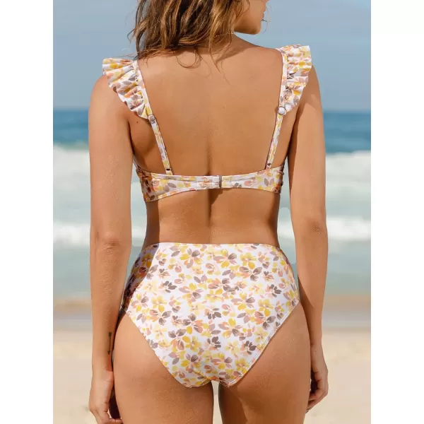 imageCUPSHE Women Bikini Sets 2 Piece Swimsuit High Waisted Bottom Floral Print Ruffle V Neck Bathing SuitsYellow Floral