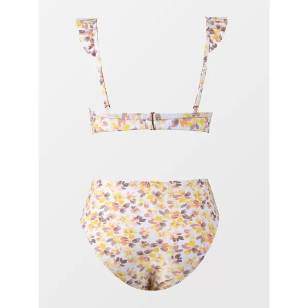imageCUPSHE Women Bikini Sets 2 Piece Swimsuit High Waisted Bottom Floral Print Ruffle V Neck Bathing SuitsYellow Floral