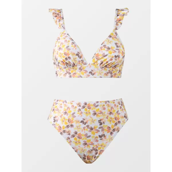 imageCUPSHE Women Bikini Sets 2 Piece Swimsuit High Waisted Bottom Floral Print Ruffle V Neck Bathing SuitsYellow Floral