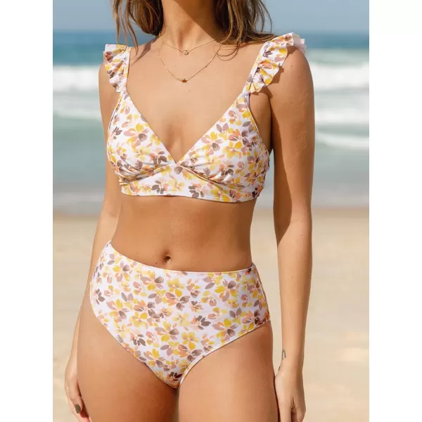 imageCUPSHE Women Bikini Sets 2 Piece Swimsuit High Waisted Bottom Floral Print Ruffle V Neck Bathing SuitsYellow Floral