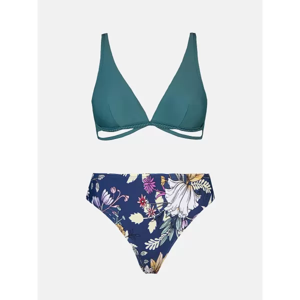imageCUPSHE Women Bikini Sets Two Piece Bathing Suit Deep V Neck Cutout Floral Mid Waisted Bottom Adjustable StrapsTeal Floral