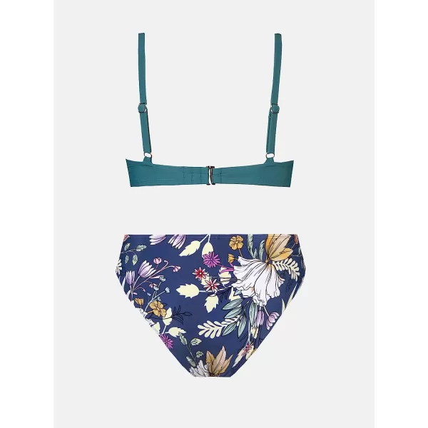 imageCUPSHE Women Bikini Sets Two Piece Bathing Suit Deep V Neck Cutout Floral Mid Waisted Bottom Adjustable StrapsTeal Floral