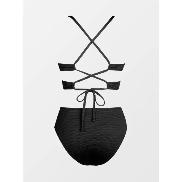 imageCUPSHE Women Bikini Sets Two Piece Swimsuit Deep V Neck Cutouts Crisscross Back Mid Waisted Bottom Textured FabricBlack
