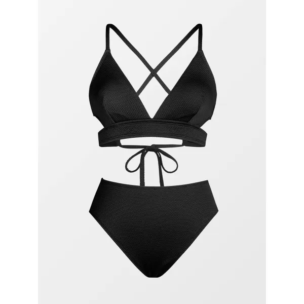 imageCUPSHE Women Bikini Sets Two Piece Swimsuit Deep V Neck Cutouts Crisscross Back Mid Waisted Bottom Textured FabricBlack