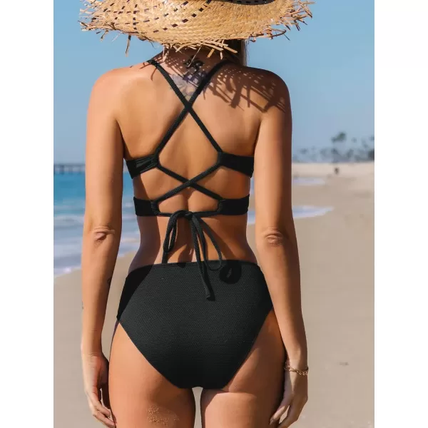 imageCUPSHE Women Bikini Sets Two Piece Swimsuit Deep V Neck Cutouts Crisscross Back Mid Waisted Bottom Textured FabricBlack