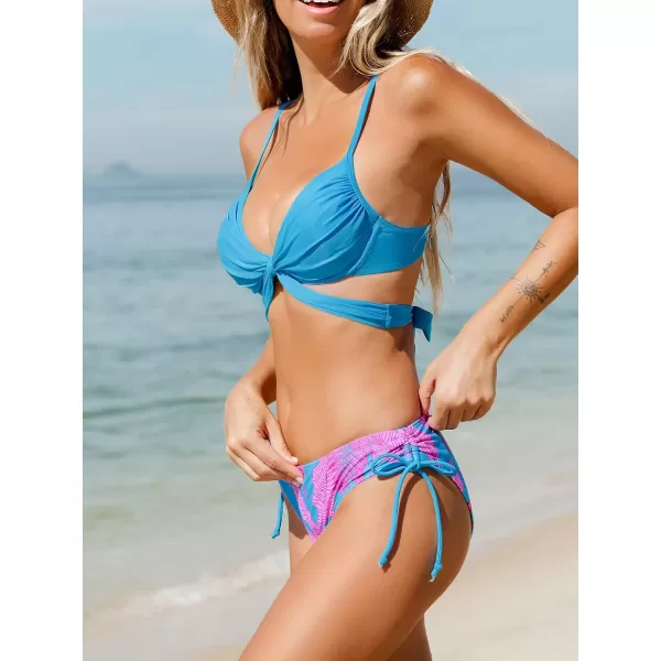 imageCUPSHE Women Bikini Sets Two Piece Swimsuit V Neck Ruching Cutouts Back Tie Leafy Print Low Waisted Bikini BottomBlue Leafy Print