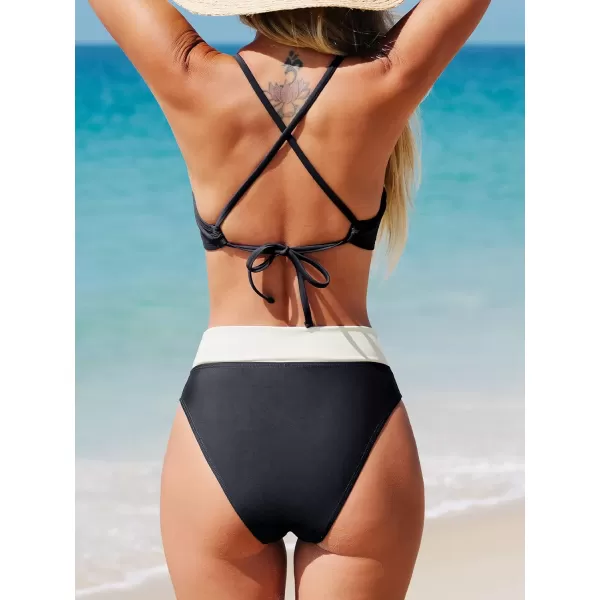 imageCUPSHE Women Bikini Sets Two Piece Swimsuits Colorblock Cutout Spaghetti Straps Back Tie Cheeky High Waisted Bikini BottomBlackWhite
