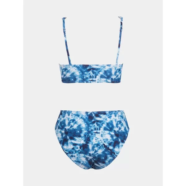 imageCUPSHE Women Bikini Sets Two Piece Swimsuits Deep V Neck Self Tie Paisley Reversible Mid Waisted Bikini BottomBlueTie Dye