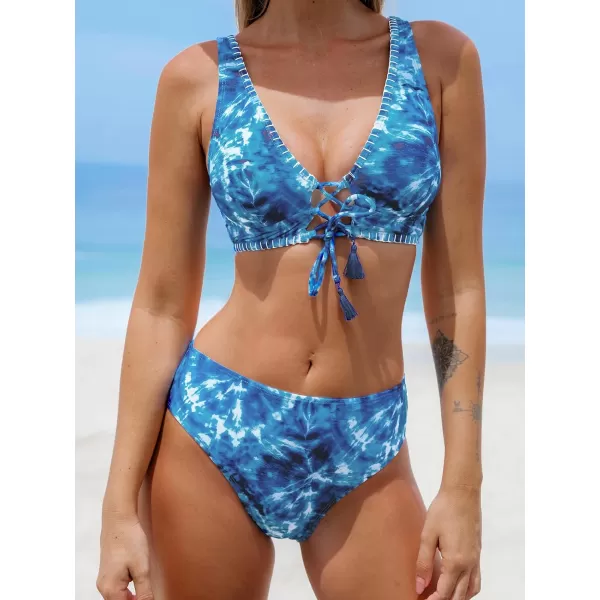 imageCUPSHE Women Bikini Sets Two Piece Swimsuits Deep V Neck Self Tie Paisley Reversible Mid Waisted Bikini BottomBlueTie Dye
