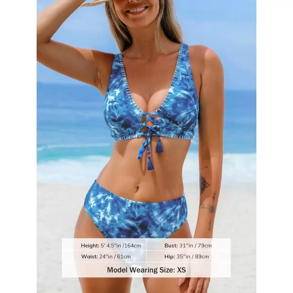 imageCUPSHE Women Bikini Sets Two Piece Swimsuits Deep V Neck Self Tie Paisley Reversible Mid Waisted Bikini BottomBlueTie Dye
