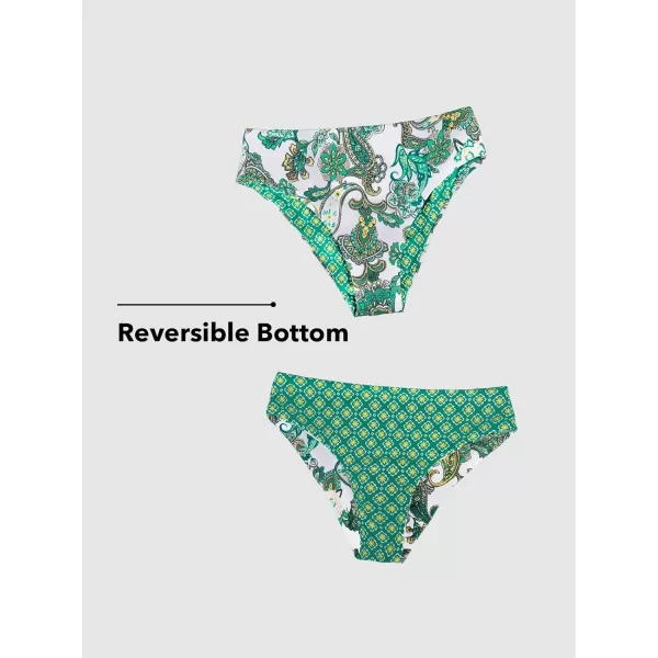 imageCUPSHE Women Bikini Sets Two Piece Swimsuits Deep V Neck Self Tie Paisley Reversible Mid Waisted Bikini BottomGreen Paisley