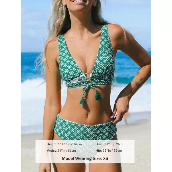 imageCUPSHE Women Bikini Sets Two Piece Swimsuits Deep V Neck Self Tie Paisley Reversible Mid Waisted Bikini BottomGreen Paisley