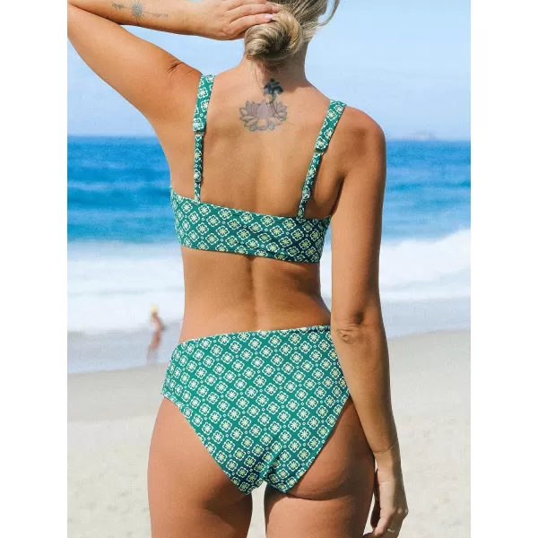 imageCUPSHE Women Bikini Sets Two Piece Swimsuits Deep V Neck Self Tie Paisley Reversible Mid Waisted Bikini BottomGreen Paisley