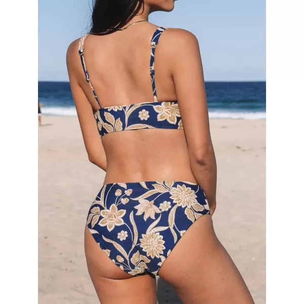 imageCUPSHE Women Bikini Sets Two Piece Swimsuits Deep V Neck Self Tie Paisley Reversible Mid Waisted Bikini BottomNavy Paisley