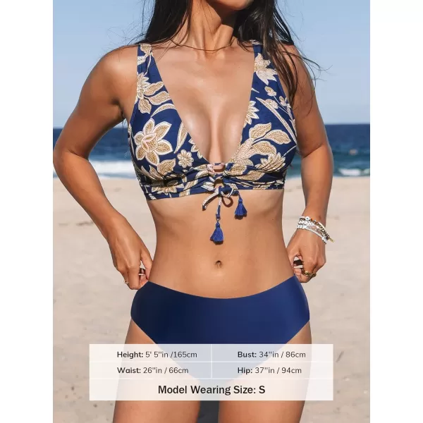 imageCUPSHE Women Bikini Sets Two Piece Swimsuits Deep V Neck Self Tie Paisley Reversible Mid Waisted Bikini BottomNavy Paisley