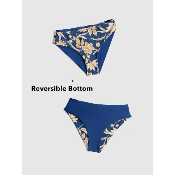 imageCUPSHE Women Bikini Sets Two Piece Swimsuits Deep V Neck Self Tie Paisley Reversible Mid Waisted Bikini BottomNavy Paisley
