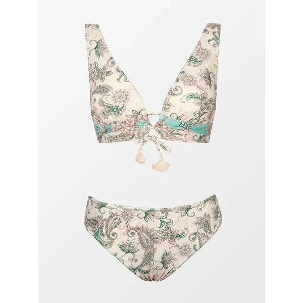 imageCUPSHE Women Bikini Sets Two Piece Swimsuits Deep V Neck Self Tie Paisley Reversible Mid Waisted Bikini BottomPaisley Print
