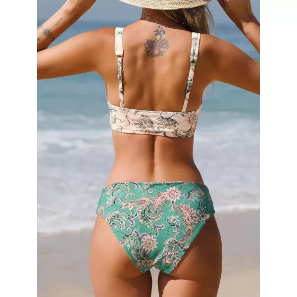 imageCUPSHE Women Bikini Sets Two Piece Swimsuits Deep V Neck Self Tie Paisley Reversible Mid Waisted Bikini BottomPaisley Print
