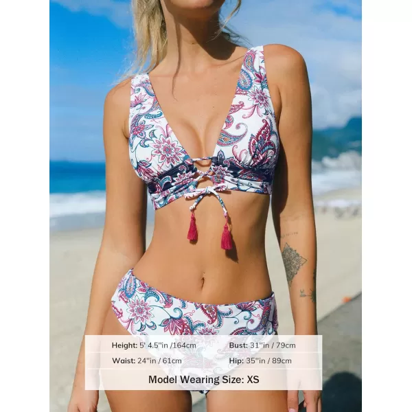 imageCUPSHE Women Bikini Sets Two Piece Swimsuits Deep V Neck Self Tie Paisley Reversible Mid Waisted Bikini BottomWhite Paisley