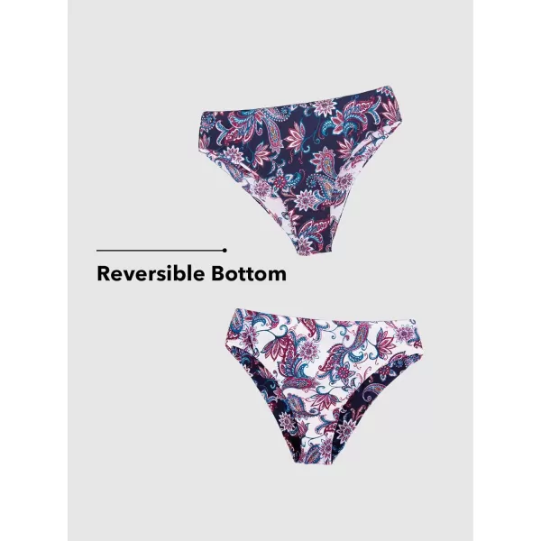 imageCUPSHE Women Bikini Sets Two Piece Swimsuits Deep V Neck Self Tie Paisley Reversible Mid Waisted Bikini BottomWhite Paisley