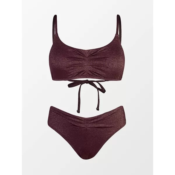 imageCUPSHE Women Bikini Sets Two Piece Swimsuits Ruching Spaghetti Straps Back Tie Shiny Material Mid Waisted Bikini BottomSaddlebrown