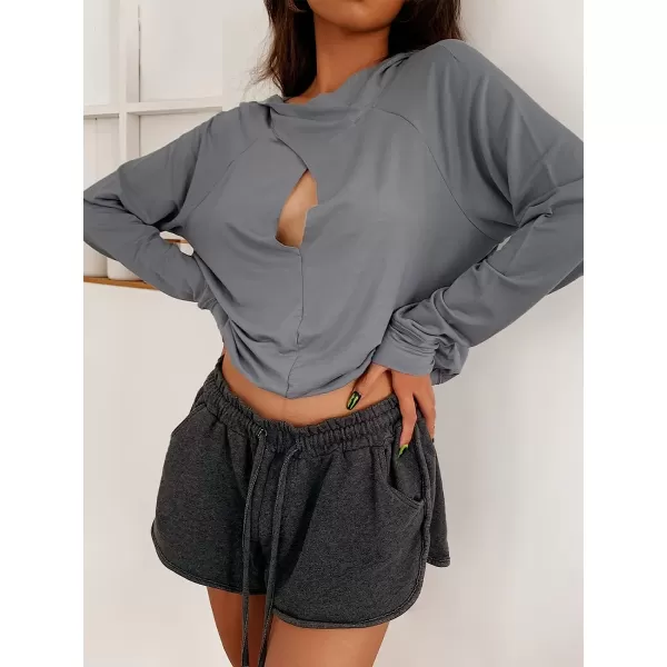 imageCUPSHE Women Black Cut Out Front Hoodie Casual Long Sleeve SweatshirtGrey