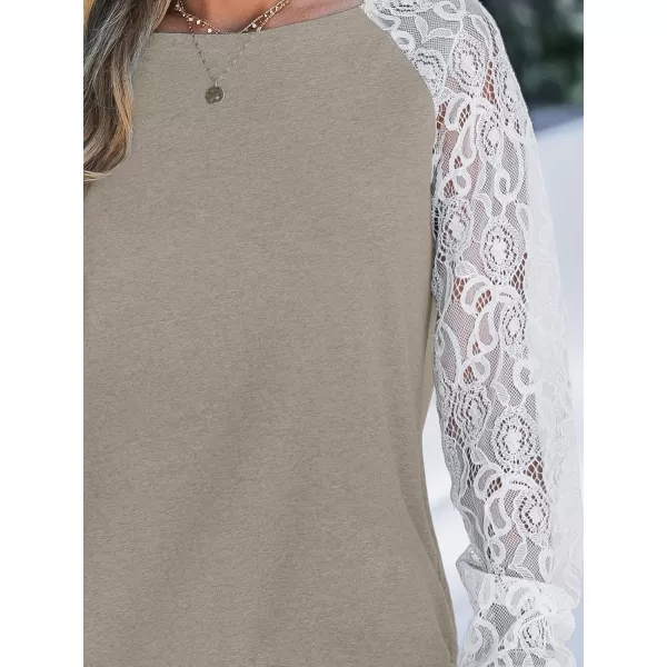 imageCUPSHE Women Blouse Contrast Lace Heathered Boat Neck Long Sleeves Tee TopsCamel