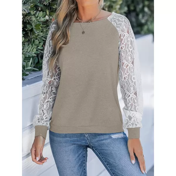 imageCUPSHE Women Blouse Contrast Lace Heathered Boat Neck Long Sleeves Tee TopsCamel