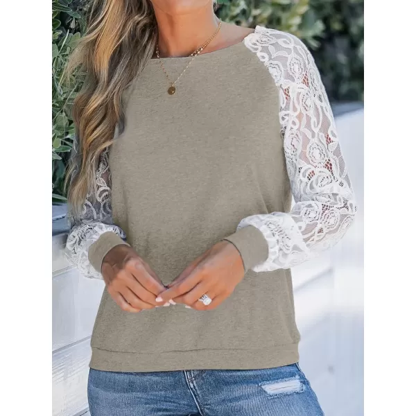 imageCUPSHE Women Blouse Contrast Lace Heathered Boat Neck Long Sleeves Tee TopsCamel