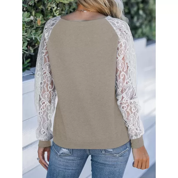 imageCUPSHE Women Blouse Contrast Lace Heathered Boat Neck Long Sleeves Tee TopsCamel