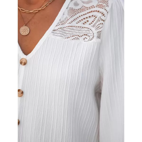 imageCUPSHE Women Blouse Floral Lace VNeck Mock Button Long Trumpet Sleeves TopWhite