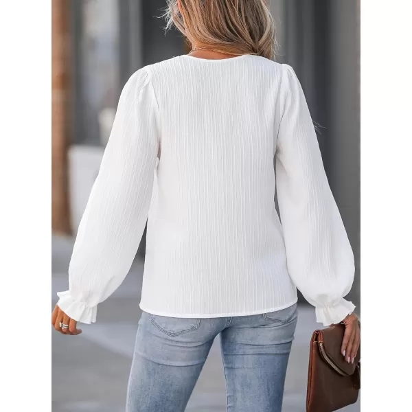 imageCUPSHE Women Blouse Floral Lace VNeck Mock Button Long Trumpet Sleeves TopWhite