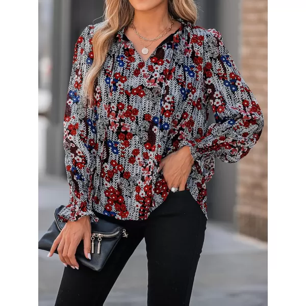 imageCUPSHE Women Blouse Floral Print VNeck Trumpet Sleeve Smocked Ruffles TopRed Floral