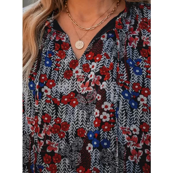 imageCUPSHE Women Blouse Floral Print VNeck Trumpet Sleeve Smocked Ruffles TopRed Floral