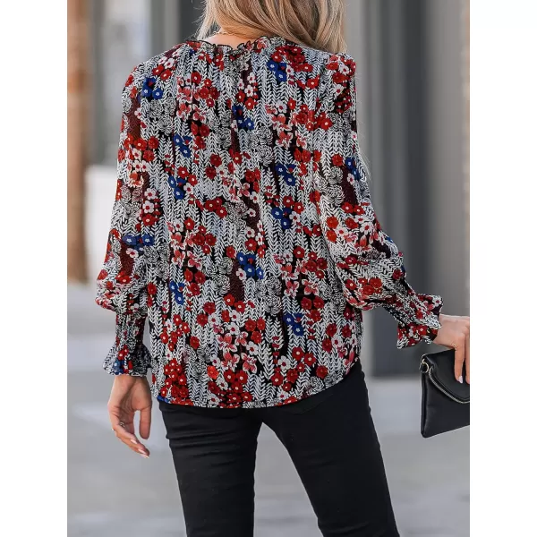 imageCUPSHE Women Blouse Floral Print VNeck Trumpet Sleeve Smocked Ruffles TopRed Floral