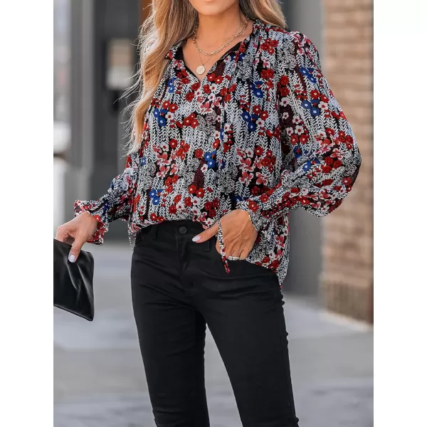 imageCUPSHE Women Blouse Floral Print VNeck Trumpet Sleeve Smocked Ruffles TopRed Floral