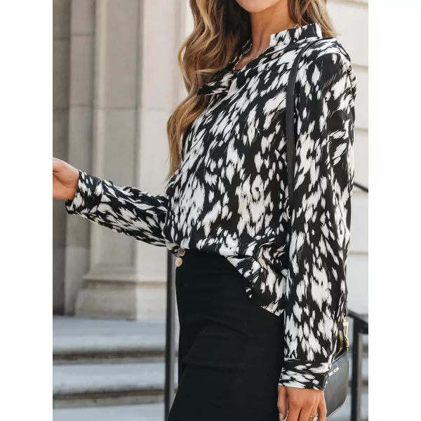 imageCUPSHE Women Blouses Abstract Print Split Neck Tops Long Sleeves ShirtsBlack