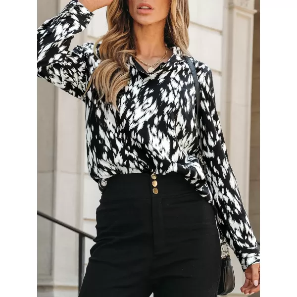 imageCUPSHE Women Blouses Abstract Print Split Neck Tops Long Sleeves ShirtsBlack