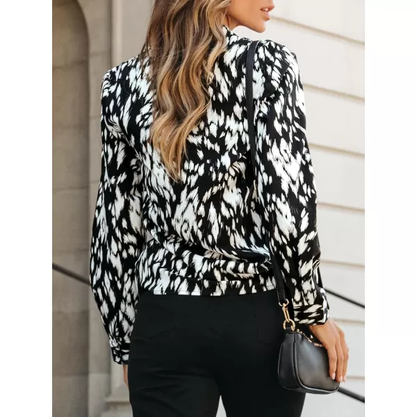 imageCUPSHE Women Blouses Abstract Print Split Neck Tops Long Sleeves ShirtsBlack